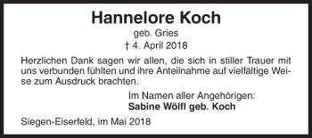 Traueranzeige von Hannelore Koch von Siegener Zeitung