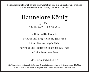 Traueranzeige von Hannelore König von Siegener Zeitung