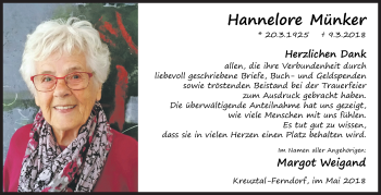 Traueranzeige von Hannelore Münker von Siegener Zeitung