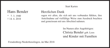 Traueranzeige von Hans Bender von Siegener Zeitung