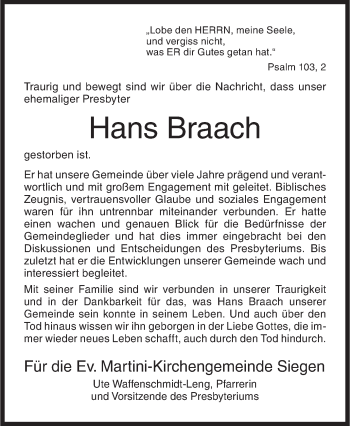 Traueranzeige von Hans Braach von Siegener Zeitung