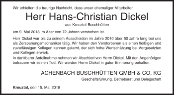 Traueranzeige von Hans-Christian Dickel von Siegener Zeitung