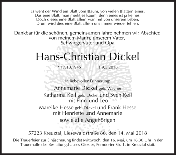 Traueranzeige von Hans-Christian Dickel von Siegener Zeitung