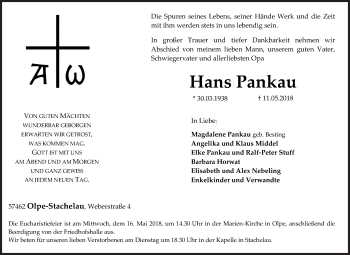 Traueranzeige von Hans Pankau von Siegener Zeitung