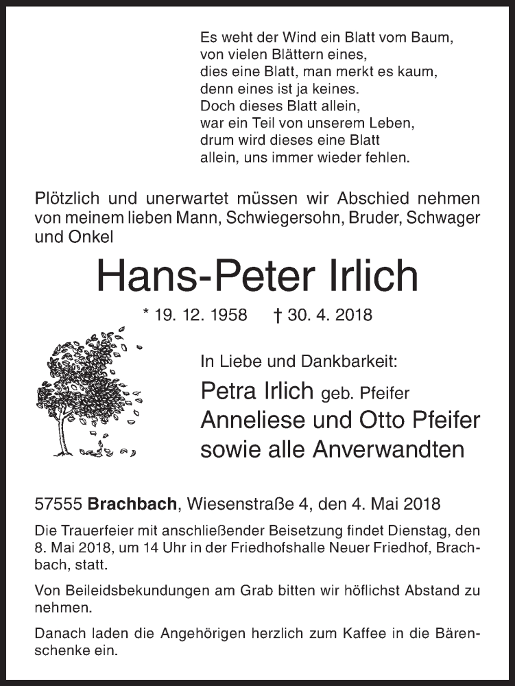 Traueranzeige für Hans-Peter Irlich vom 04.05.2018 aus Siegener Zeitung