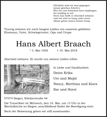 Traueranzeige von Hans Albert Braach von Siegener Zeitung