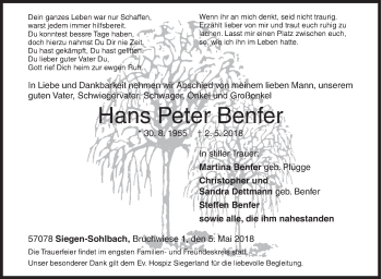 Traueranzeige von Hans Peter Benfer von Siegener Zeitung
