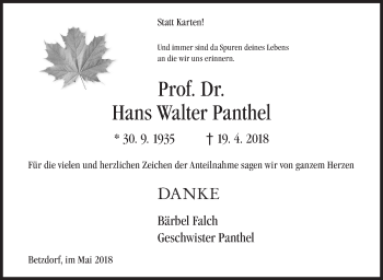 Traueranzeige von Hans Walter Panthel von Siegener Zeitung