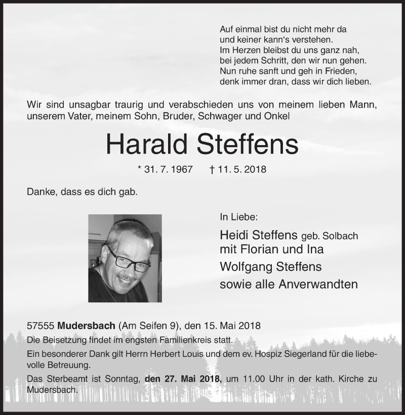  Traueranzeige für Harald Steffens vom 15.05.2018 aus Siegener Zeitung