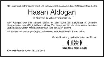 Traueranzeige von Hasan Aldogan von Siegener Zeitung