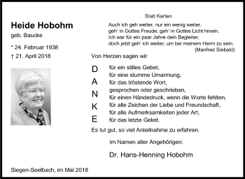 Traueranzeige von Heide Hobohm von Siegener Zeitung