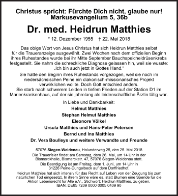 Traueranzeige von Heidrun Matthies von Siegener Zeitung