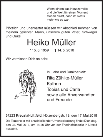 Traueranzeige von Heiko Müller von Siegener Zeitung