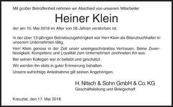 Traueranzeige von Heiner Klein von Siegener Zeitung