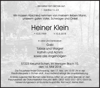 Traueranzeige von Heiner Klein von Siegener Zeitung