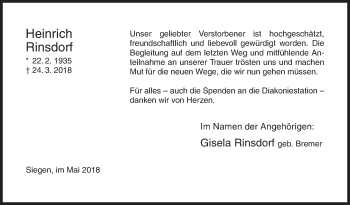 Traueranzeige von Heinrich Rinsdorf von Siegener Zeitung