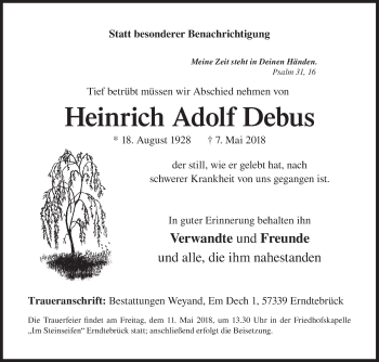Traueranzeige von Heinrich Adolf Debus von Siegener Zeitung