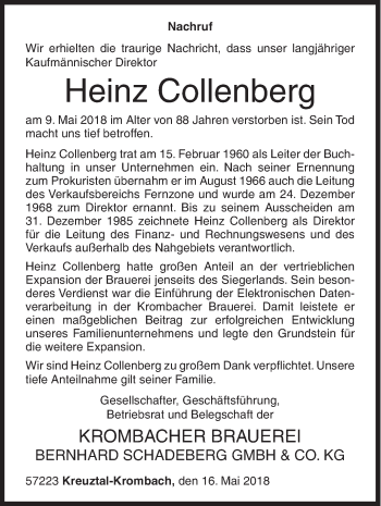 Traueranzeige von Heinz Collenberg von Siegener Zeitung