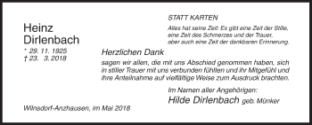 Traueranzeige von Heinz Dirlenbach von Siegener Zeitung