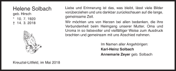 Traueranzeige von Helene Solbach von Siegener Zeitung
