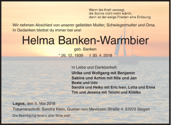 Traueranzeige von Helma Banken-Warmbier von Siegener Zeitung