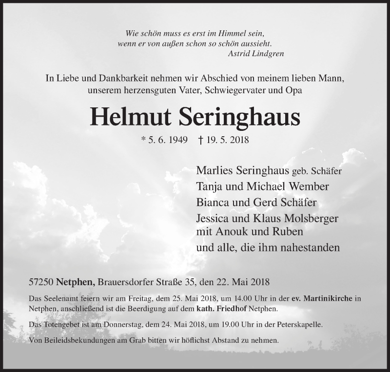  Traueranzeige für Helmut Seringhaus vom 22.05.2018 aus Siegener Zeitung