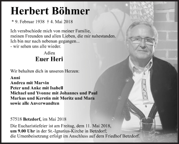 Traueranzeige von Herbert Böhmer von Siegener Zeitung