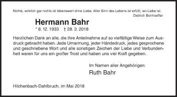Traueranzeige von Hermann Bahr von Siegener Zeitung
