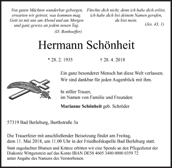 Traueranzeige von Hermann Schönheit von Siegener Zeitung
