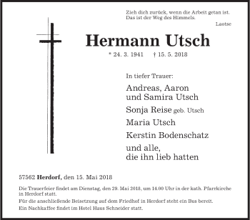 Traueranzeige von Hermann Utsch von Siegener Zeitung