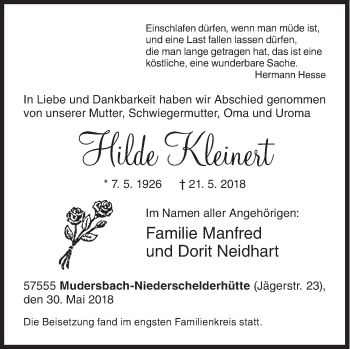 Traueranzeige von Hilde Kleinert von Siegener Zeitung
