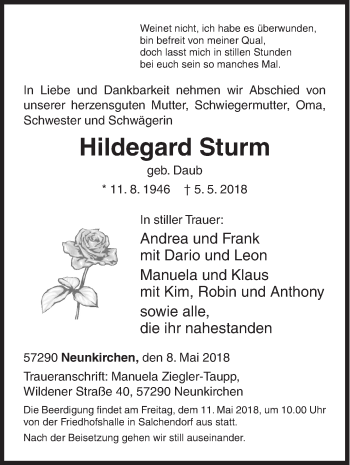 Traueranzeige von Hildegard Sturm von Siegener Zeitung