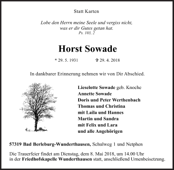 Traueranzeige von Horst Sowade von Siegener Zeitung