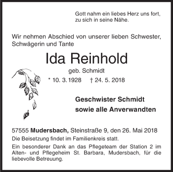 Traueranzeige von Ida Reinhold von Siegener Zeitung