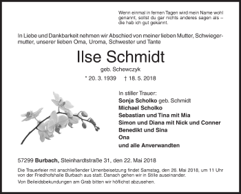Traueranzeige von Ilse Schmidt von Siegener Zeitung