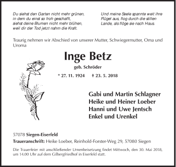Traueranzeige von Inge Betz von Siegener Zeitung