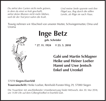 Traueranzeige von Inge Betz von Siegener Zeitung