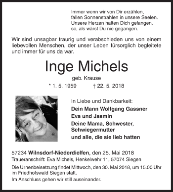 Traueranzeige von Inge Michels von Siegener Zeitung