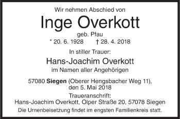 Traueranzeige von Inge Overkott von Siegener Zeitung