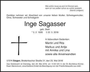 Traueranzeige von Inge Sagasser von Siegener Zeitung