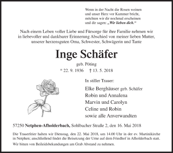 Traueranzeige von Inge Schäfer von Siegener Zeitung