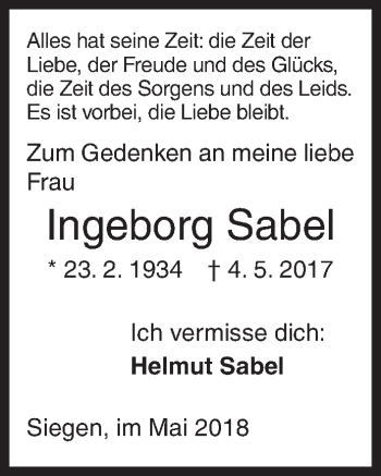 Traueranzeige von Ingeborg Sabel von Siegener Zeitung