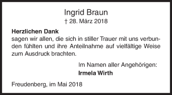 Traueranzeige von Ingrid Braun von Siegener Zeitung