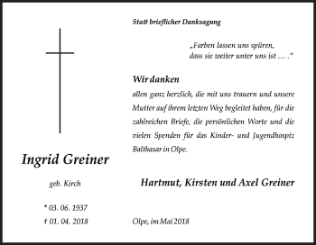Traueranzeige von Ingrid Greiner von Siegener Zeitung