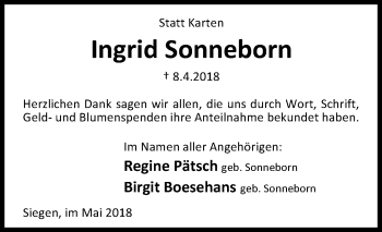 Traueranzeige von Ingrid Sonneborn von Siegener Zeitung