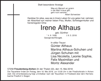 Traueranzeige von Irene Althaus von Siegener Zeitung