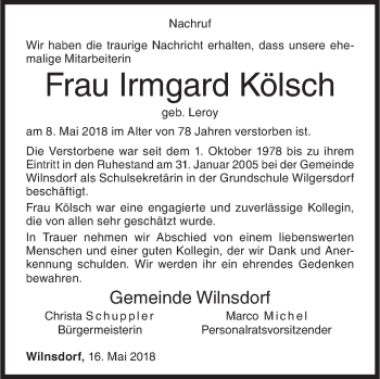 Traueranzeige von Irmgard Kölsch von Siegener Zeitung