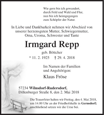 Traueranzeige von Irmgard Repp von Siegener Zeitung