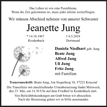 Traueranzeige von Jeanette Jung von Siegener Zeitung