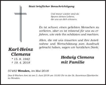 Traueranzeige von Karl-Heinz Clemens von Siegener Zeitung